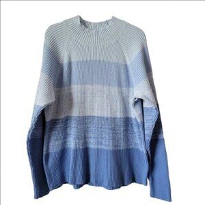 Studio Works Cable Knit Sweater Mock Turtleneck XL Blue Stripes classic preppy